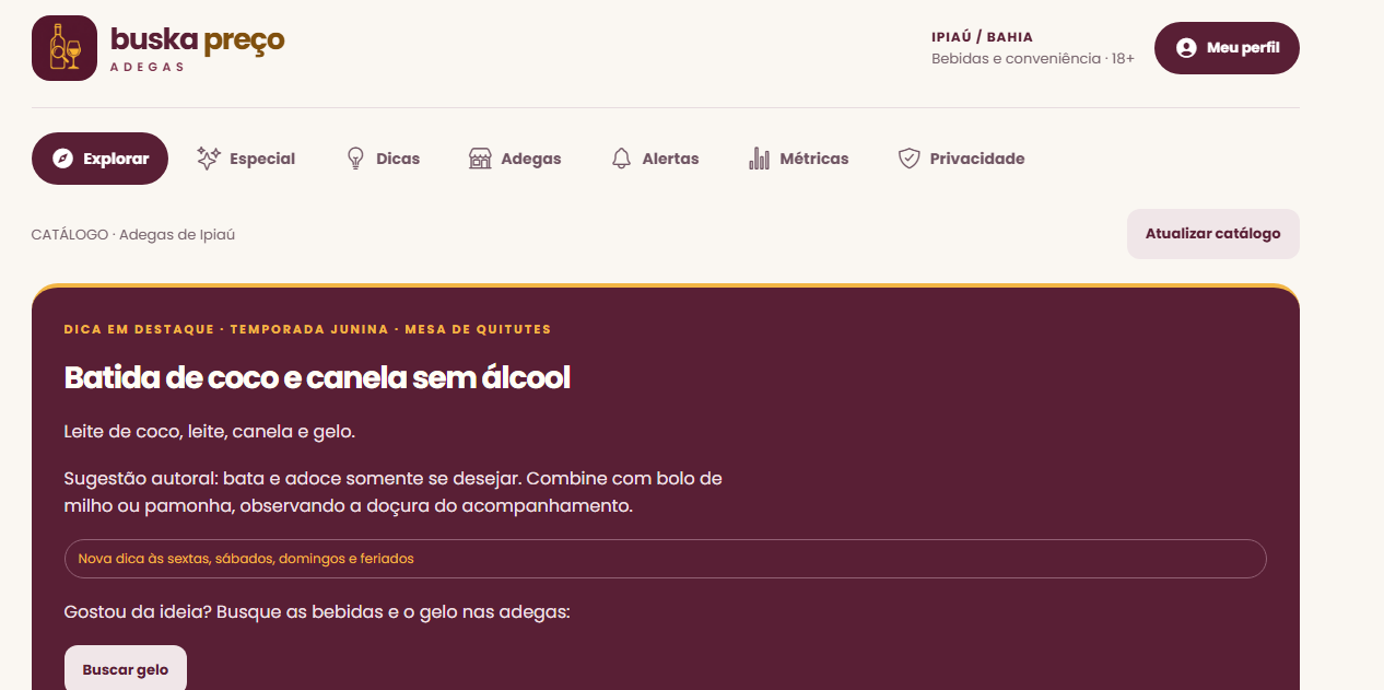 Tela inicial do aplicativo Buska Preço Adegas